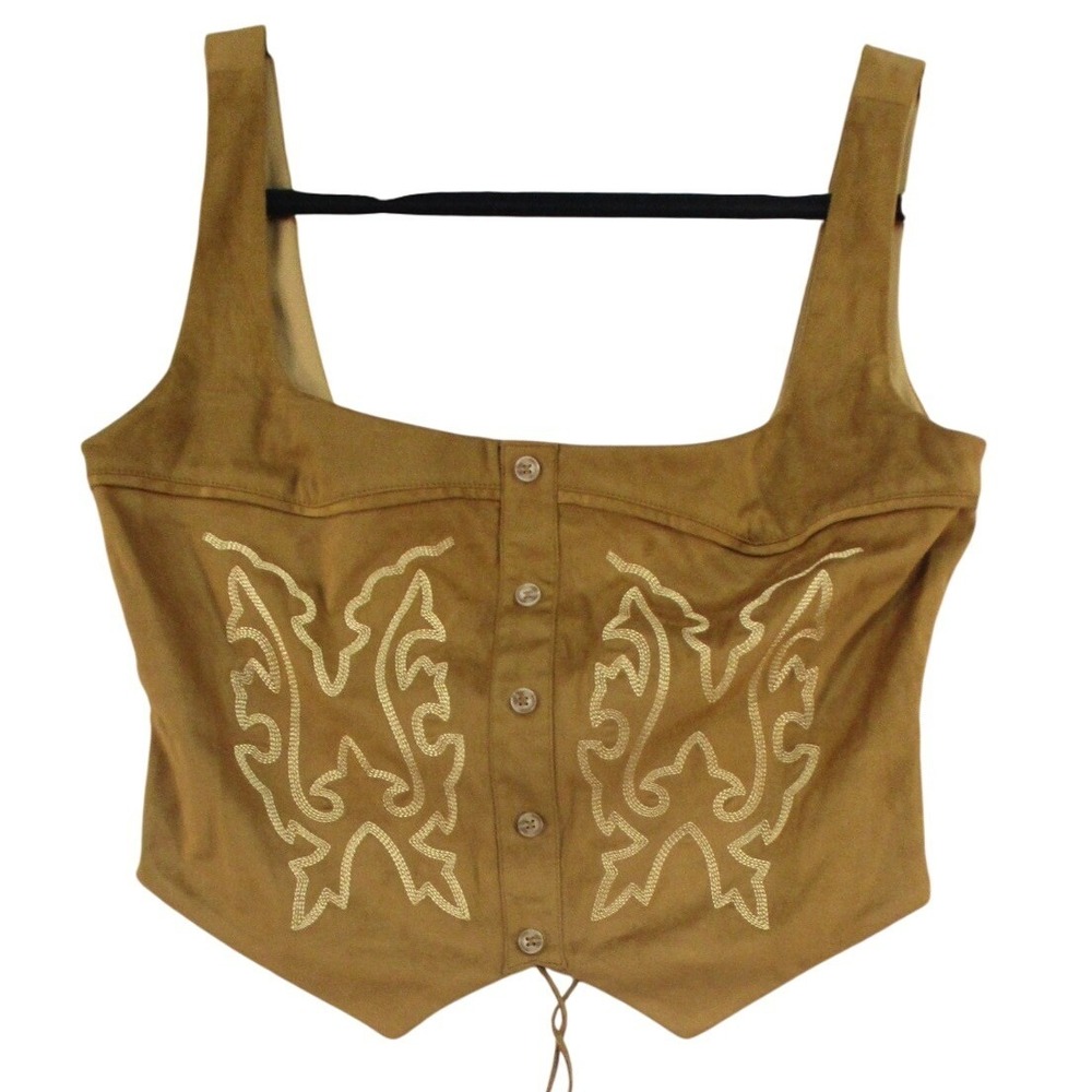 Fashion Nova Womens Western Embroidered Lace Up Corset Top Tan TA30281 Large